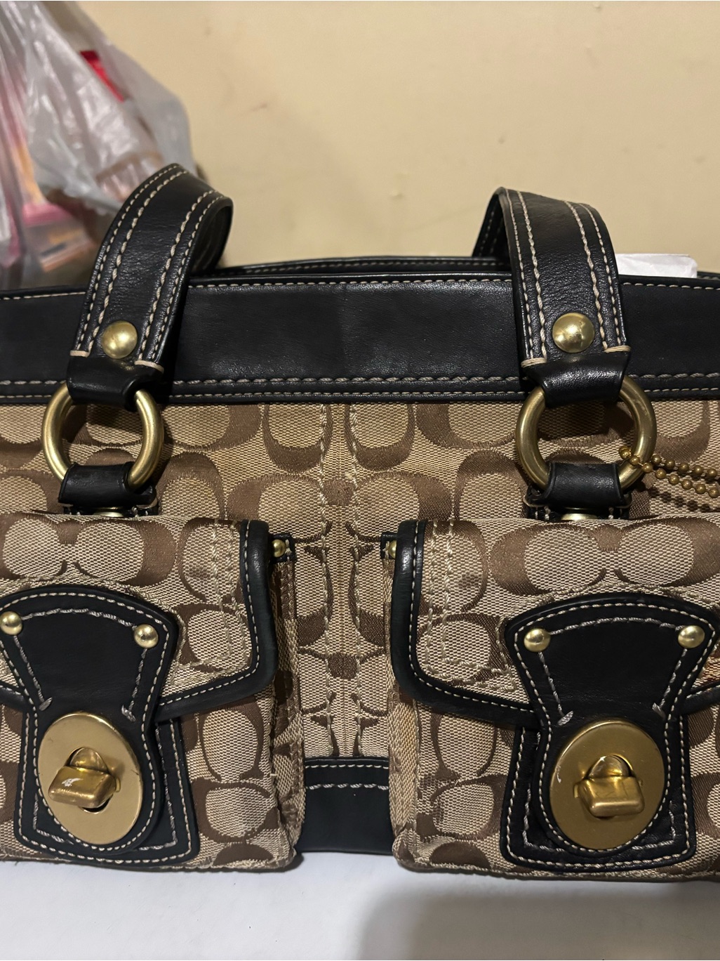 Designer-Inspired Tan Signature Pattern Tote With Black Leather Trim